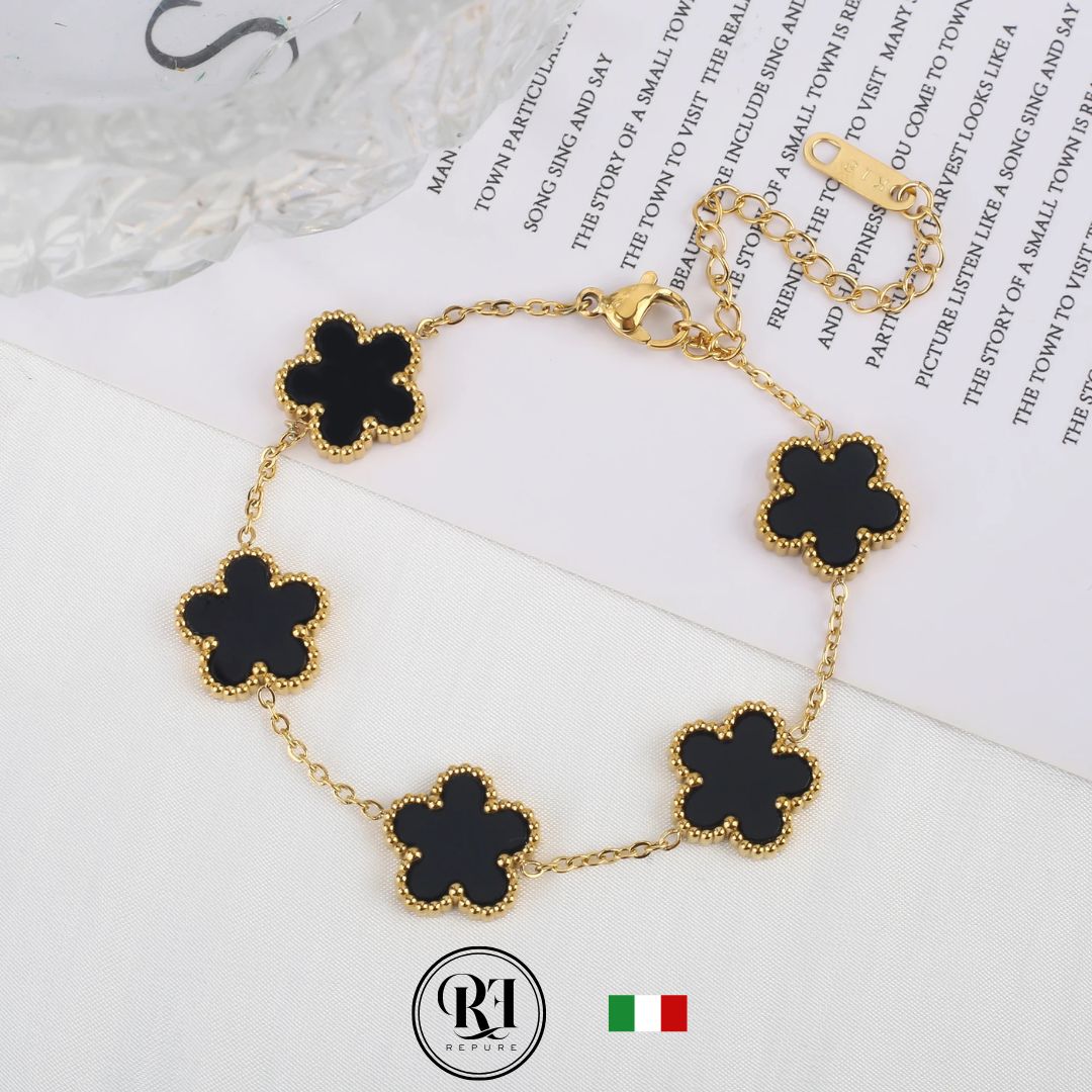 צמיד תלתן שחור זהוב - זהב 18K