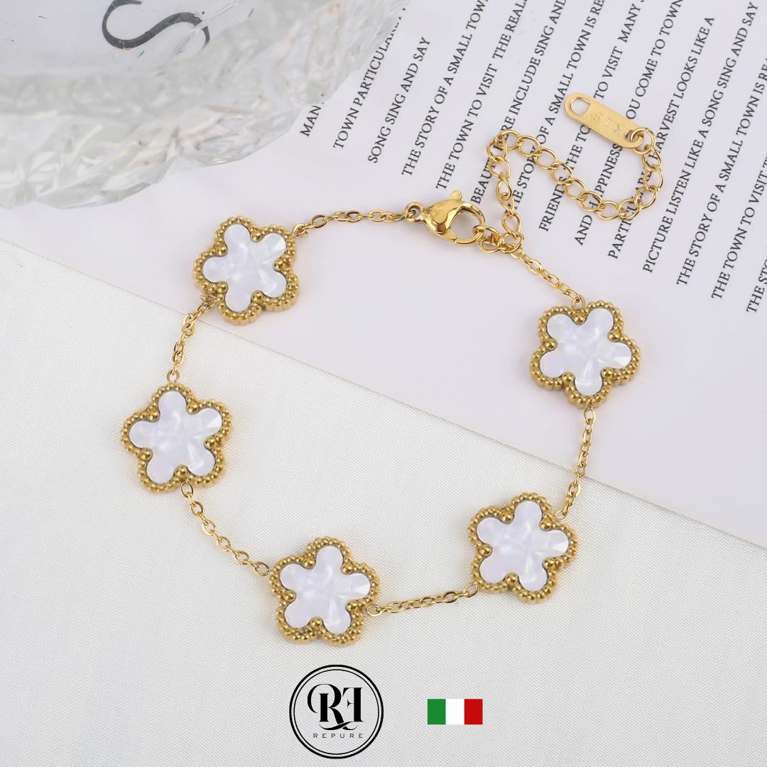 צמיד תלתן לבן פנינה - 18K